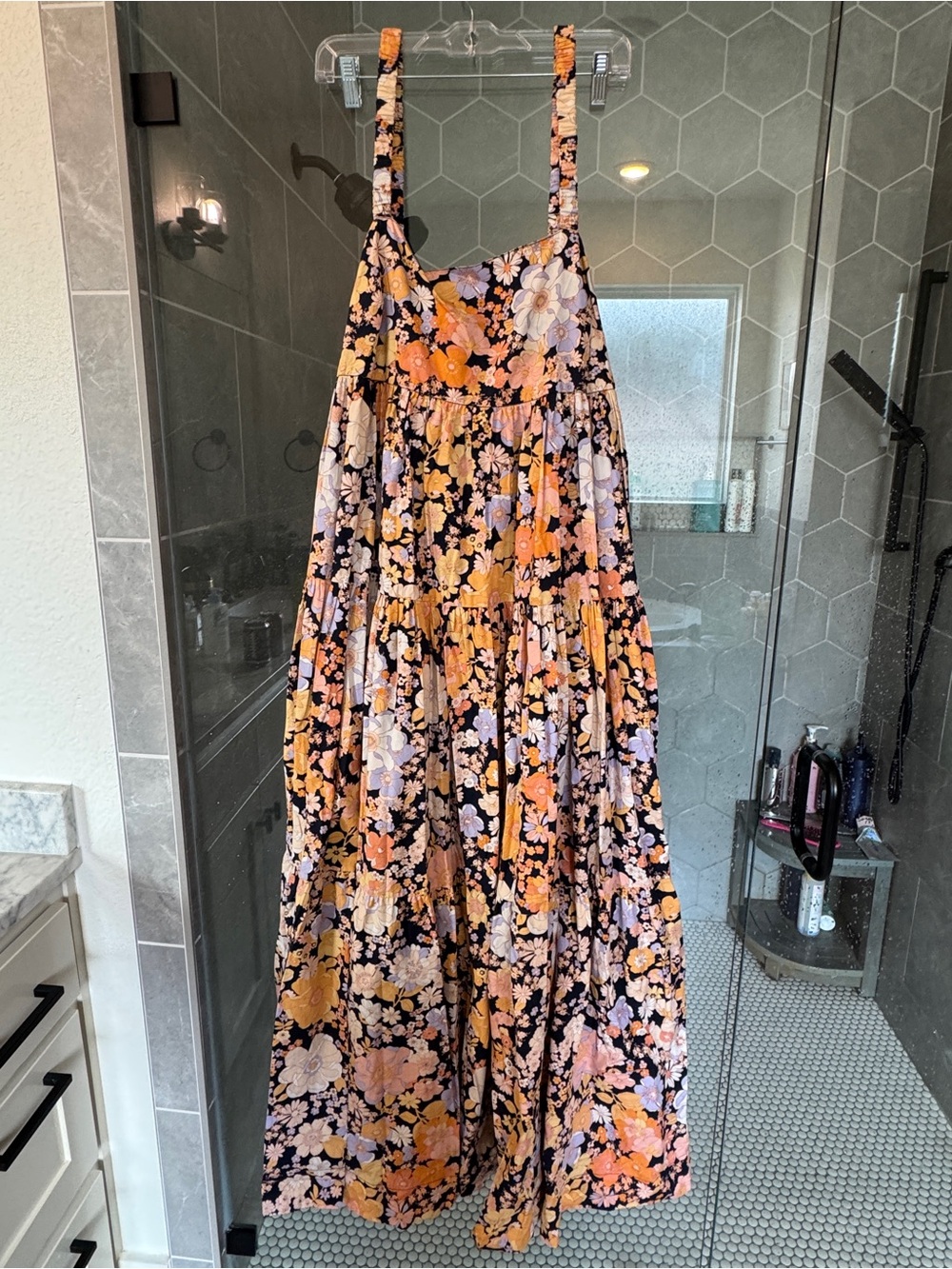 Free People Black Floral Tiered Maxi Dress with Peach and Cream Blooms